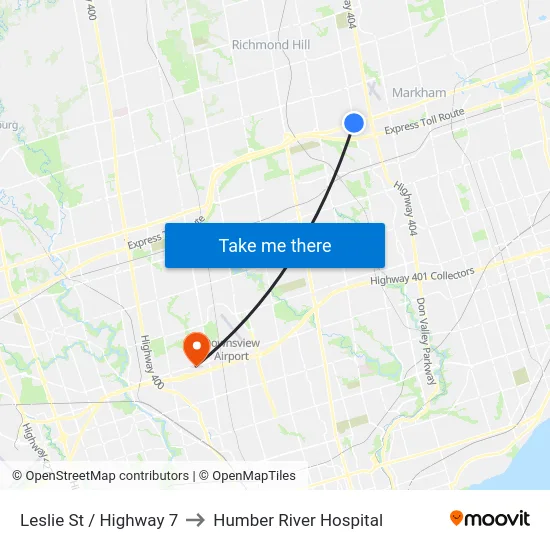 Leslie St / Highway 7 to Humber River Hospital map