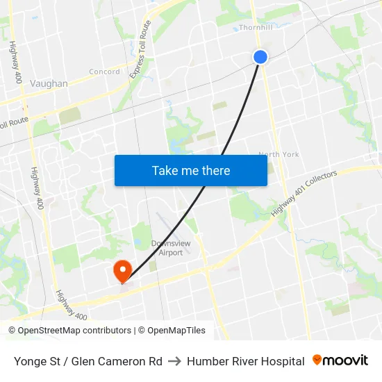 Yonge St / Glen Cameron Rd to Humber River Hospital map