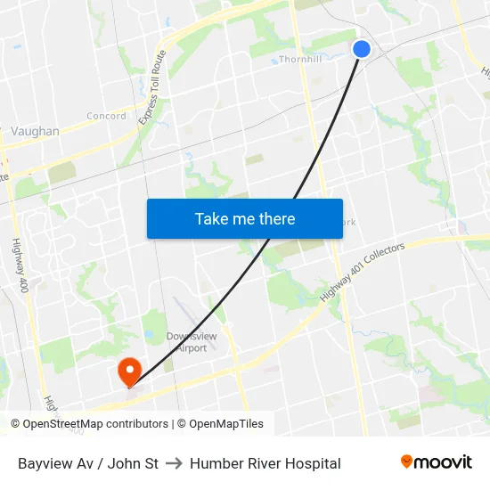 Bayview Av / John St to Humber River Hospital map