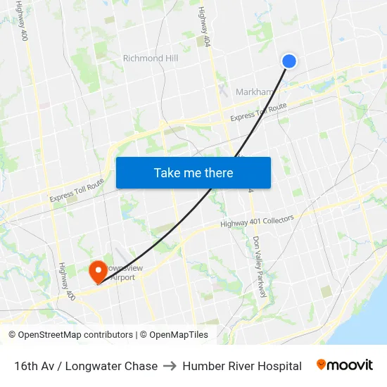 16th Av / Longwater Chase to Humber River Hospital map