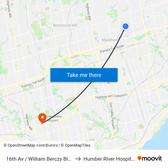 16th Av / William Berczy Blvd to Humber River Hospital map