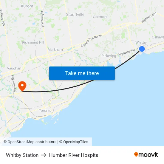 Whitby Station to Humber River Hospital map