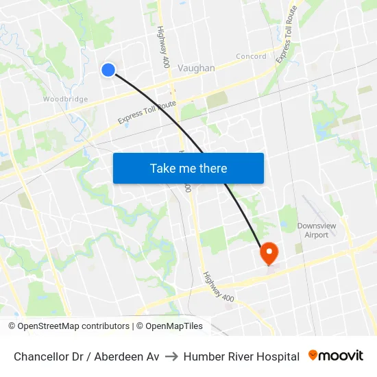 Chancellor Dr / Aberdeen Av to Humber River Hospital map