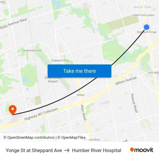 Yonge St at Sheppard Ave to Humber River Hospital map