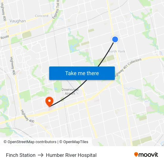 Finch Station to Humber River Hospital map