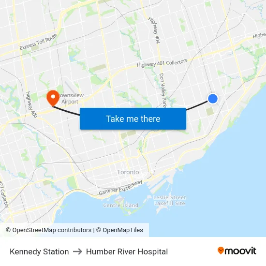 Kennedy Station to Humber River Hospital map