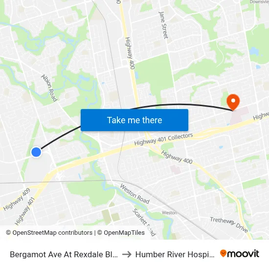 Bergamot Ave At Rexdale Blvd to Humber River Hospital map