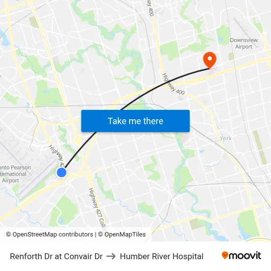 Renforth Dr at Convair Dr to Humber River Hospital map