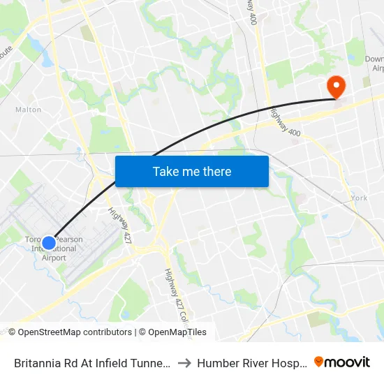 Britannia Rd At Infield Tunnel Rd to Humber River Hospital map