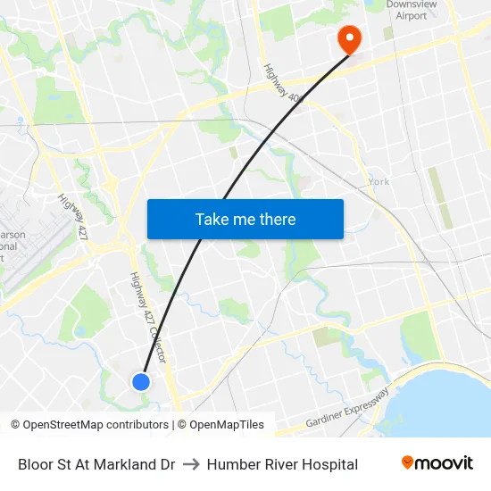 Bloor St At Markland Dr to Humber River Hospital map