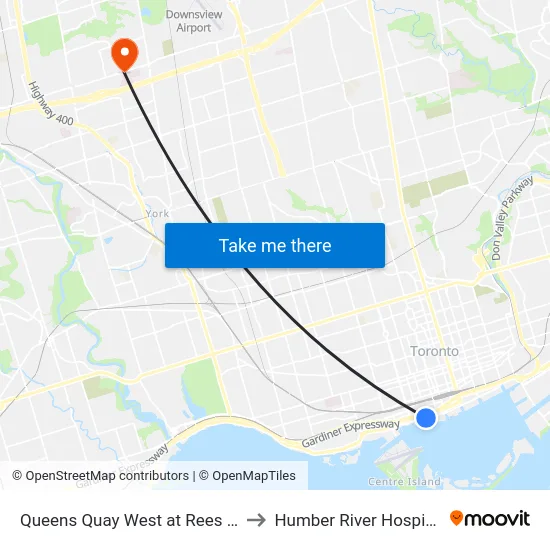 Queens Quay West at Rees St to Humber River Hospital map