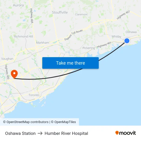 Oshawa Station to Humber River Hospital map