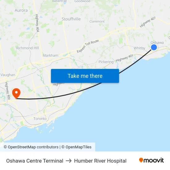 Oshawa Centre Terminal to Humber River Hospital map