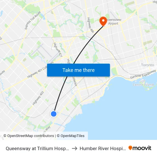 Queensway at Trillium Hospital to Humber River Hospital map