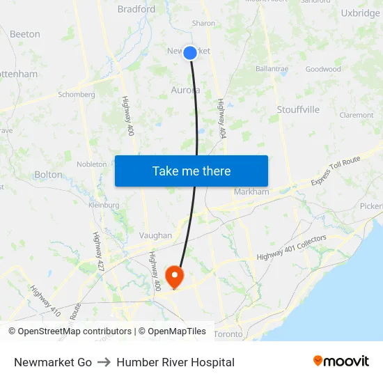Newmarket Go to Humber River Hospital map