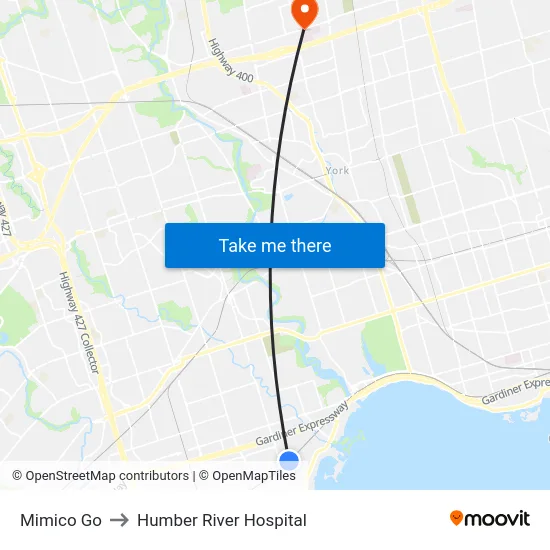 Mimico Go to Humber River Hospital map