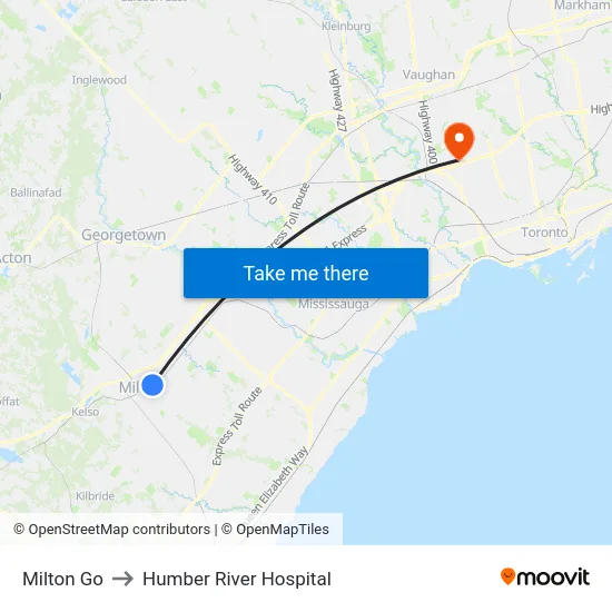 Milton Go to Humber River Hospital map