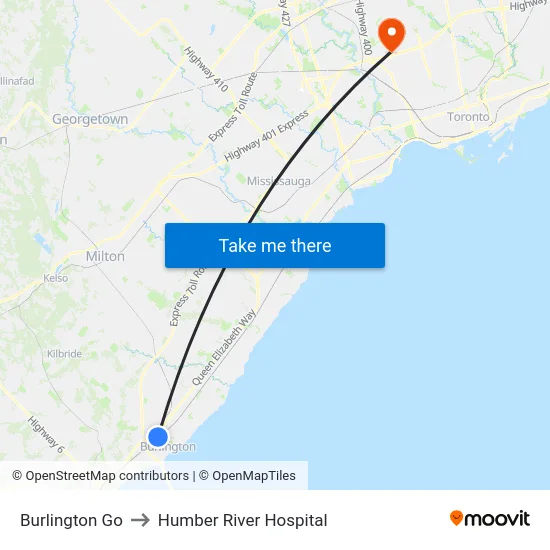 Burlington Go to Humber River Hospital map