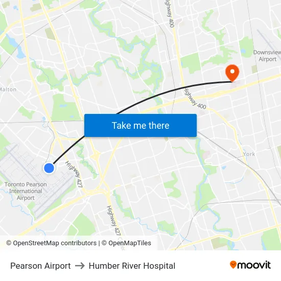 Pearson Airport to Humber River Hospital map