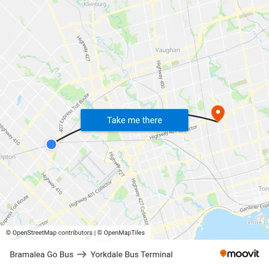 Bramalea Go Bus to Yorkdale Bus Terminal map