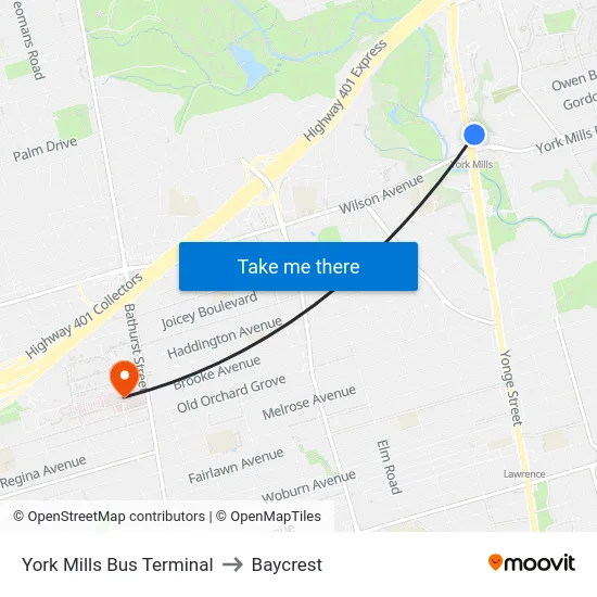York Mills Bus Terminal to Baycrest map