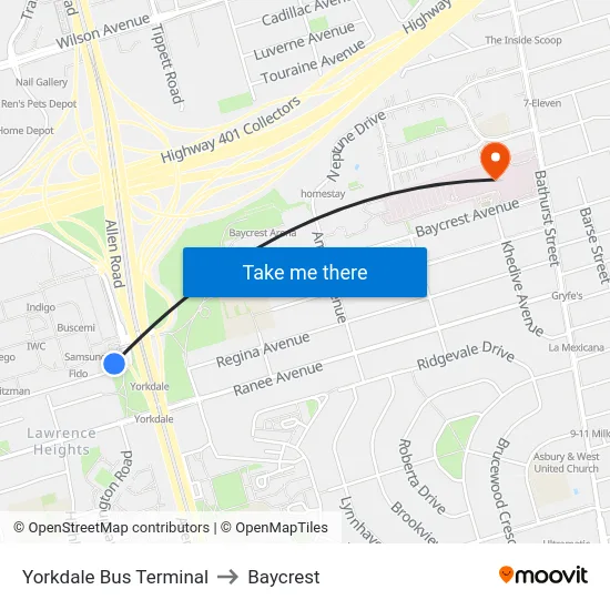 Yorkdale Bus Terminal to Baycrest map