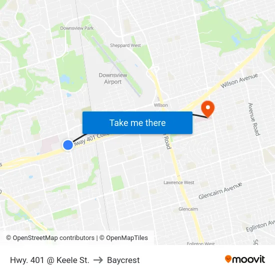 Hwy. 401 @ Keele St. to Baycrest map