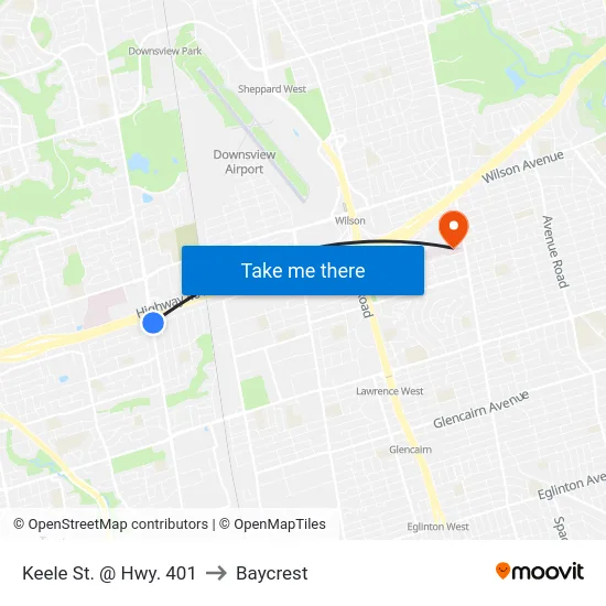Keele St. @ Hwy. 401 to Baycrest map