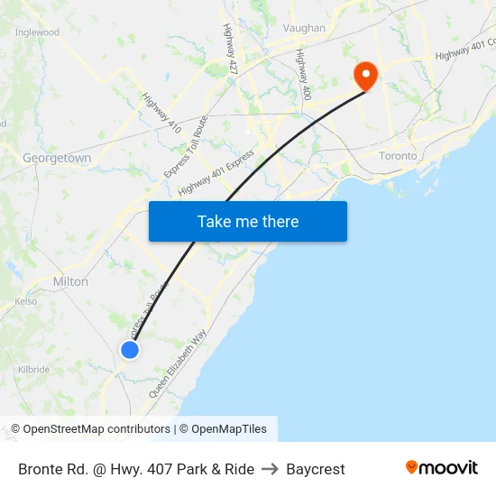 Bronte Rd. @ Hwy. 407 Park & Ride to Baycrest map