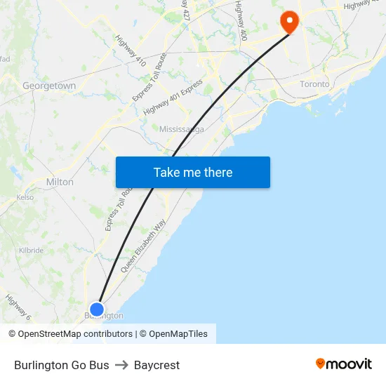 Burlington Go Bus to Baycrest map