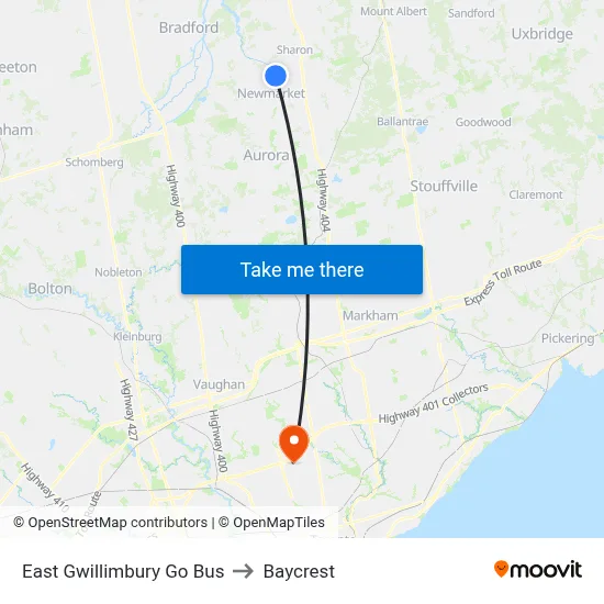 East Gwillimbury Go Bus to Baycrest map