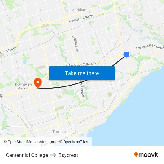 Centennial College to Baycrest map