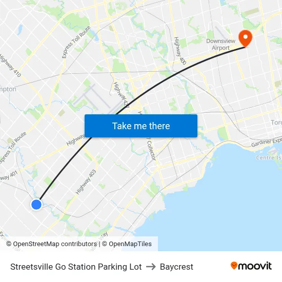 Streetsville Go Station Parking Lot to Baycrest map