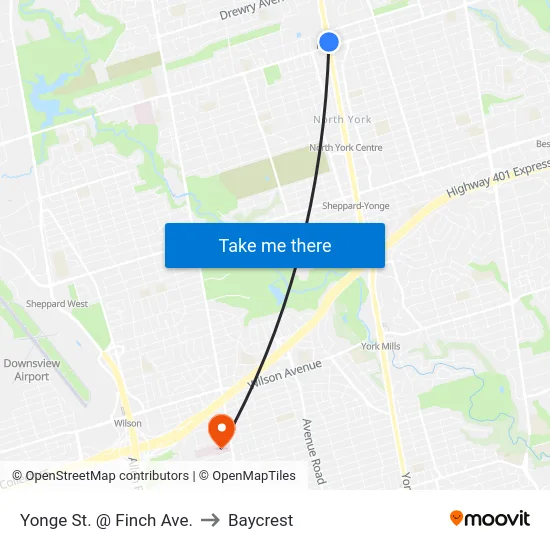 Yonge St. @ Finch Ave. to Baycrest map