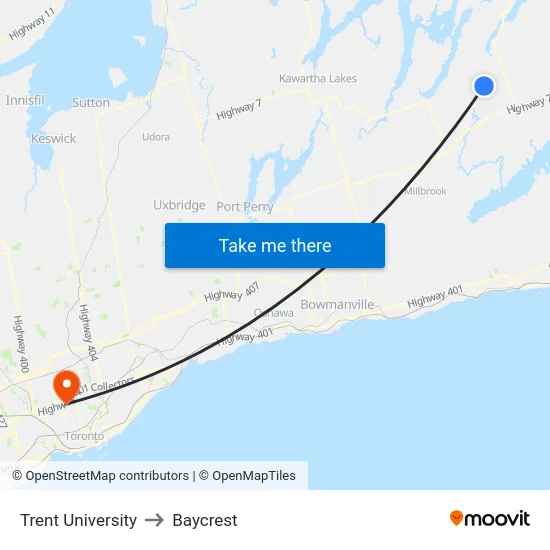 Trent University to Baycrest map