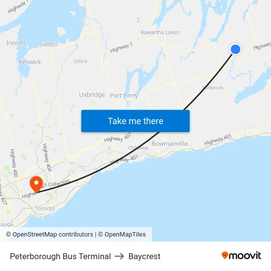 Peterborough Bus Terminal to Baycrest map