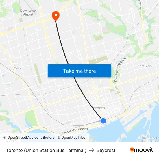 Toronto (Union Station Bus Terminal) to Baycrest map