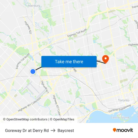 Goreway Dr at Derry Rd to Baycrest map