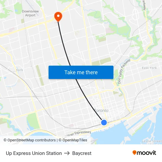 Up Express Union Station to Baycrest map