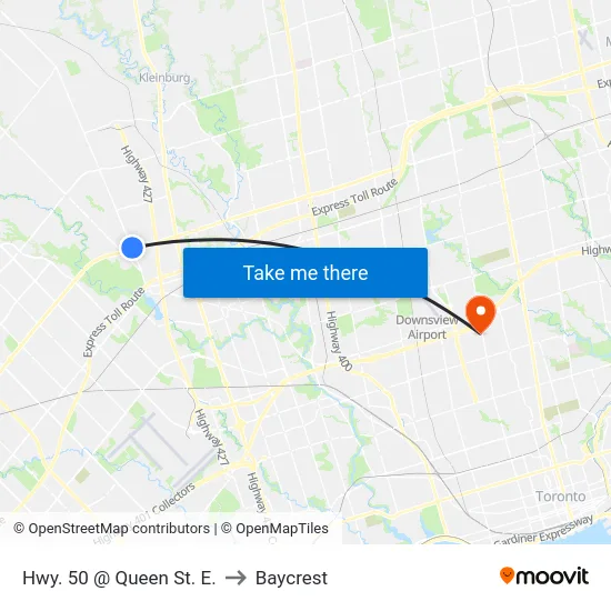 Hwy. 50 @ Queen St. E. to Baycrest map