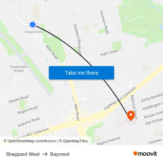 Sheppard West to Baycrest map