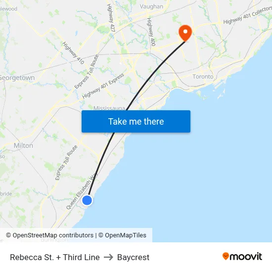 Rebecca St. + Third Line to Baycrest map