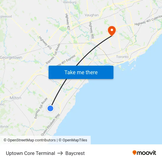 Uptown Core Terminal to Baycrest map