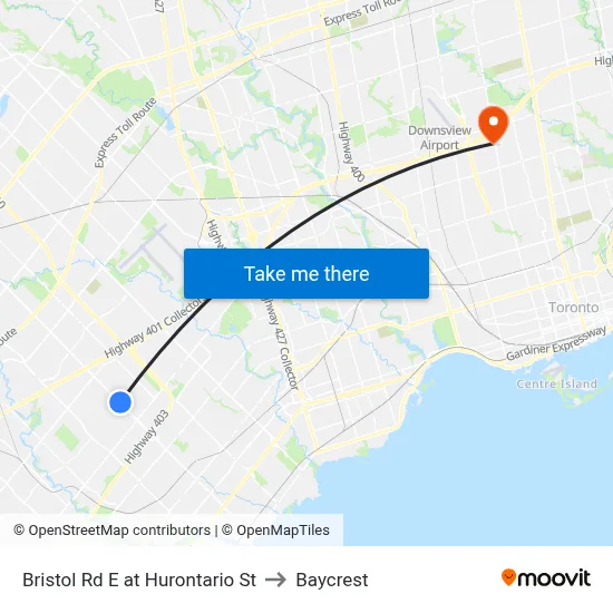 Bristol Rd E at Hurontario St to Baycrest map