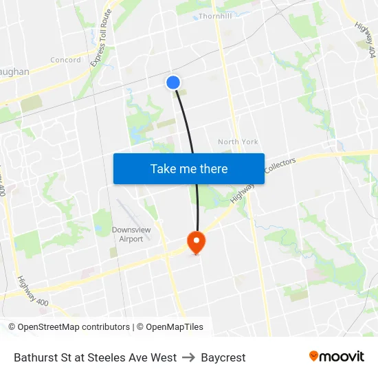 Bathurst St at Steeles Ave West to Baycrest map