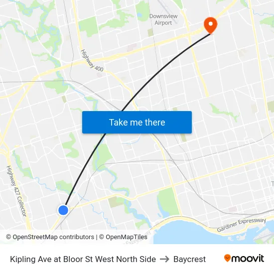 Kipling Ave at Bloor St West North Side to Baycrest map