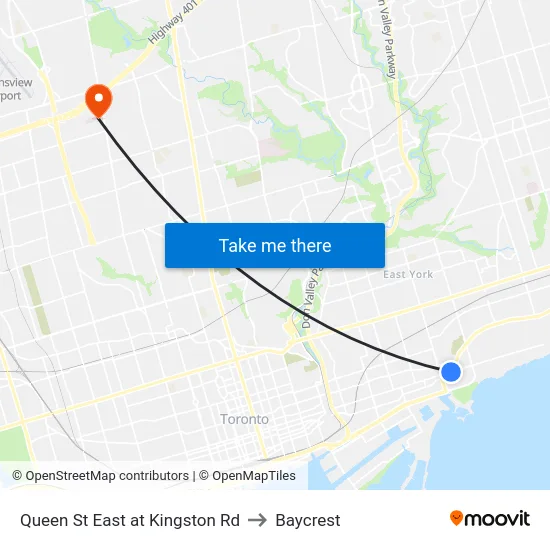 Queen St East at Kingston Rd to Baycrest map