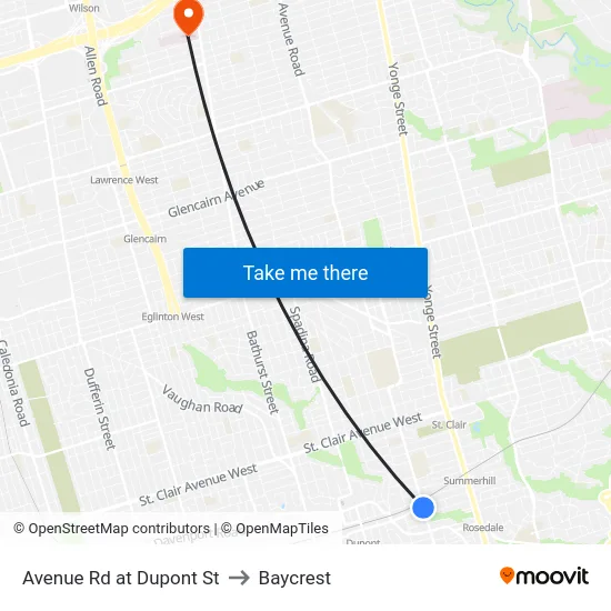 Avenue Rd at Dupont St to Baycrest map