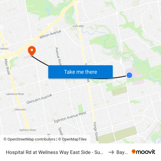 Hospital Rd at Wellness Way East Side - Sunnybrook Main Entrance to Baycrest map