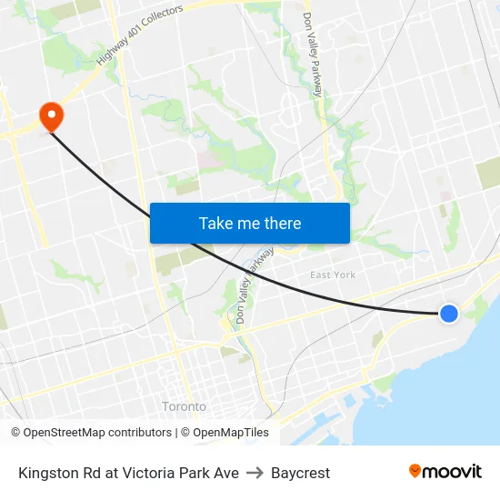 Kingston Rd at Victoria Park Ave to Baycrest map